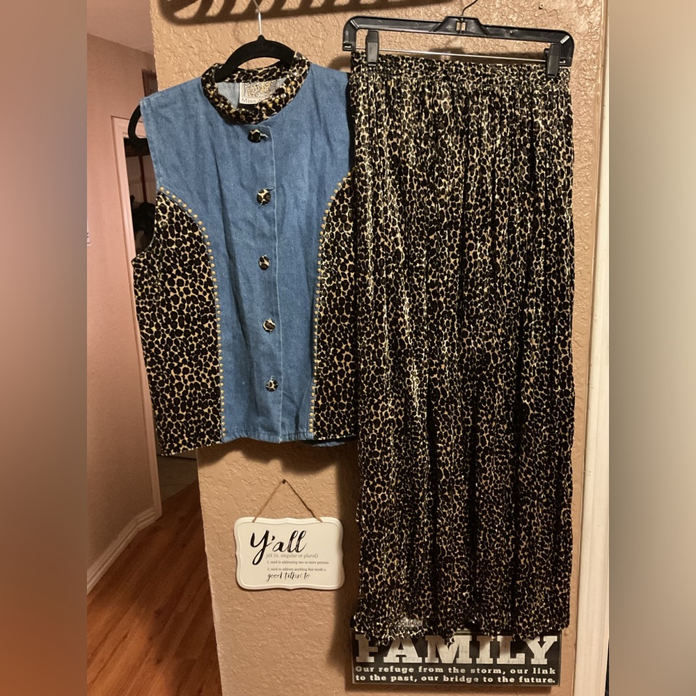 Vintage Miss & Mrs Denim Leopard Vest with Matching Leopard Skirt Size Medium
